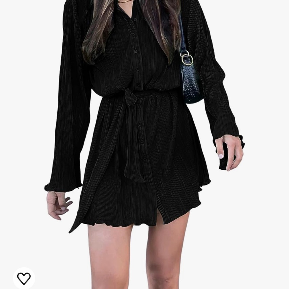 Women’s collar vneck button down pleated long sleeve mini shirt dress with belt - Picture 2 of 4